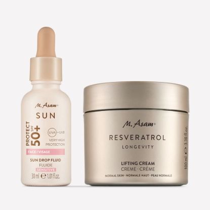M. Asam RESVERATROL LONGEVITY Lifting Face Cream & Sun Drop Fluid Sunscreen Serum Face SPF 50+ Sensitive